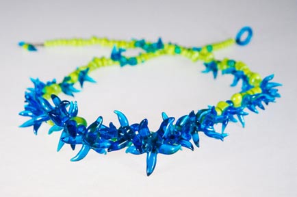 "coral" flame sculpted glass bead necklace / belt - glass, nylon, sterling silver - by artist vivienne bell